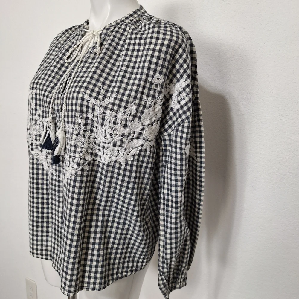ZARA Trafaluc Gingham Coquette Cottagecore Bohemian Embroidered Babydoll Top M